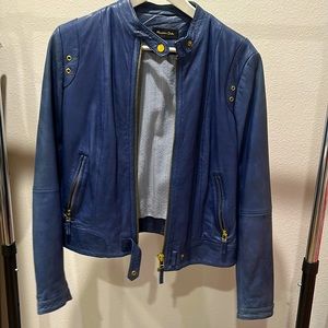 Massimo Dutti blue leather jacket with gold hardware